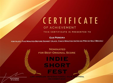 Indie Short Fest Best Original Score nomination certificate