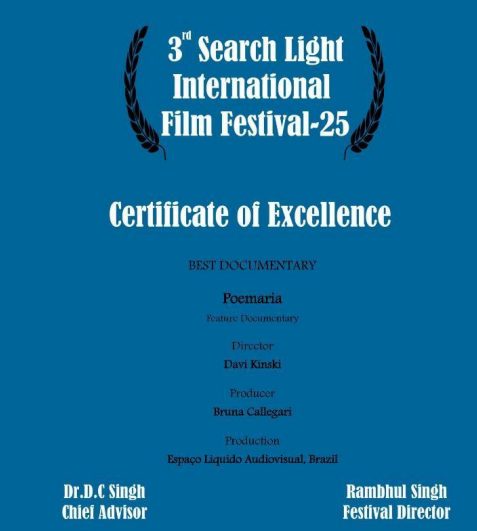 Search Light International Film Festival certificate for Poemaria